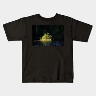 Small lush island in sunlight at lake shore Kids T-Shirt